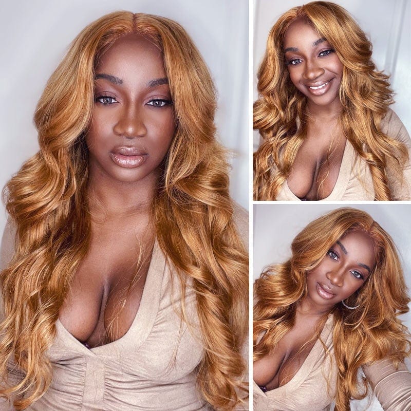 Klaiyi Rich Brown Colored Wigs Body Wave Middle Part Lace Closure Virgin Human Hair Wigs