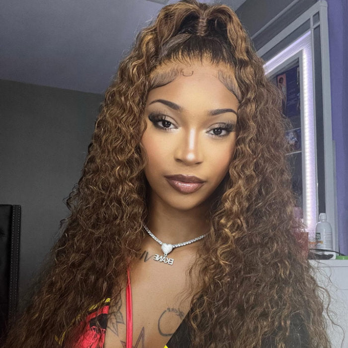 Klaiyi Ombre Highlight Piano Color Lace Part Wig Brown Golden Human Hair Water Wave
