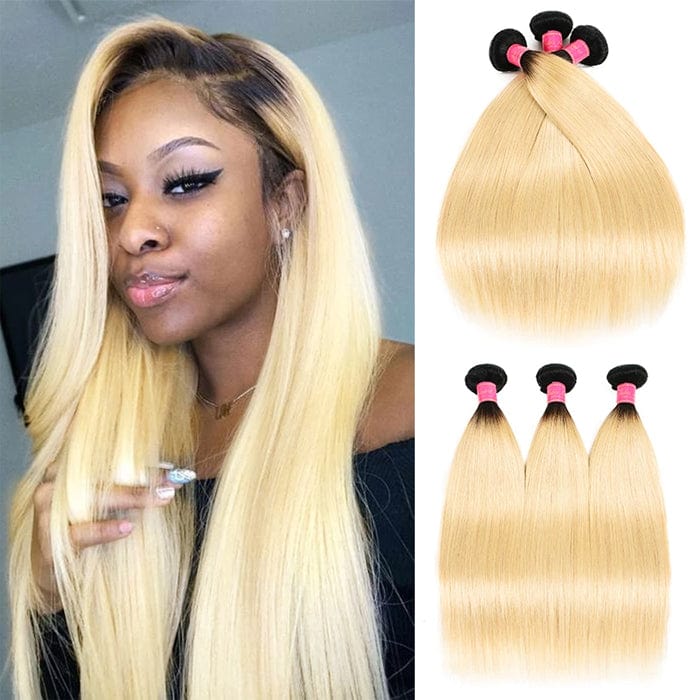 Klaiyi 1B/613 Straight Ombre Hair 3 Bundles Deals Dark Root 2 Tone Color Human Hair Weave Extensions