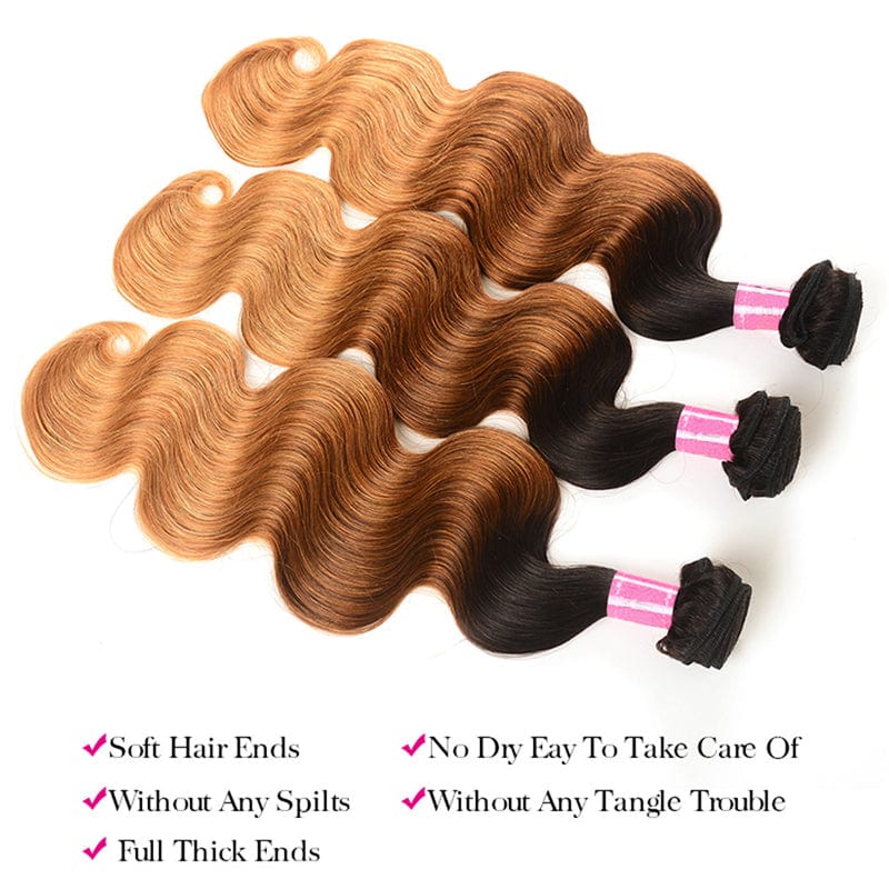 Klaiyi 3 Tone Ombre Human Hair Body Wave 3/4 Bundles Hair Weave 1b/4/27 Color