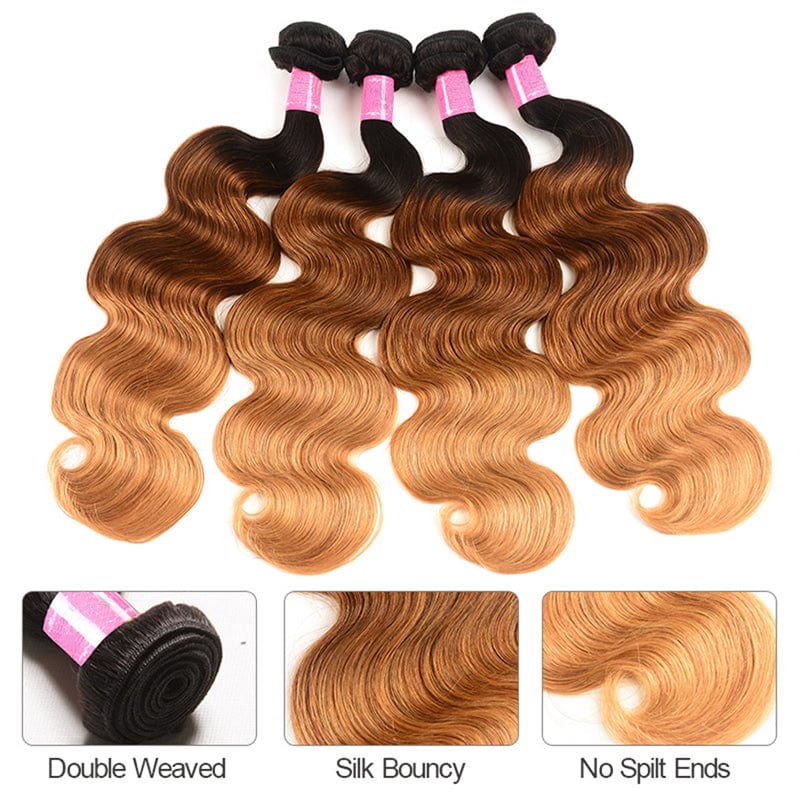 Klaiyi 3 Tone Ombre Human Hair Body Wave 3/4 Bundles Hair Weave 1b/4/27 Color