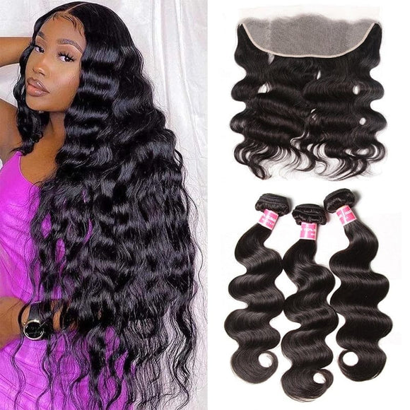 Klaiyi Hair, cheveux vierges ondulés, 3 paquets avec lace frontale 13x4 d'oreille à oreille 