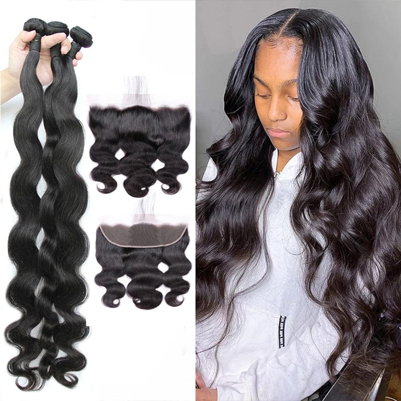 Klaiyi Hair Virgin Hair Body Wave 3 Bundles With Transparent Lace Frontal Closure