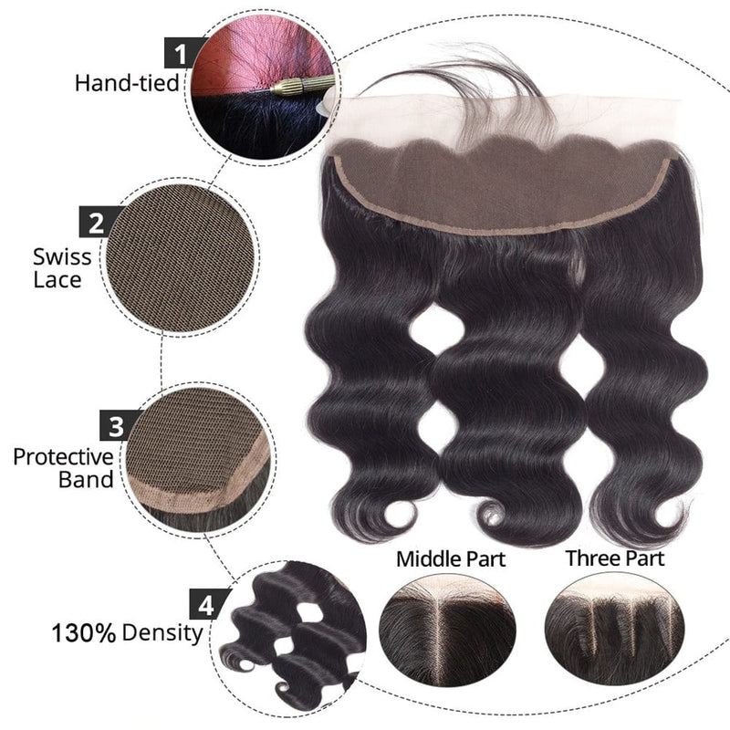 Klaiyi Hair Virgin Hair Body Wave 3 Bundles With Transparent Lace Frontal Closure