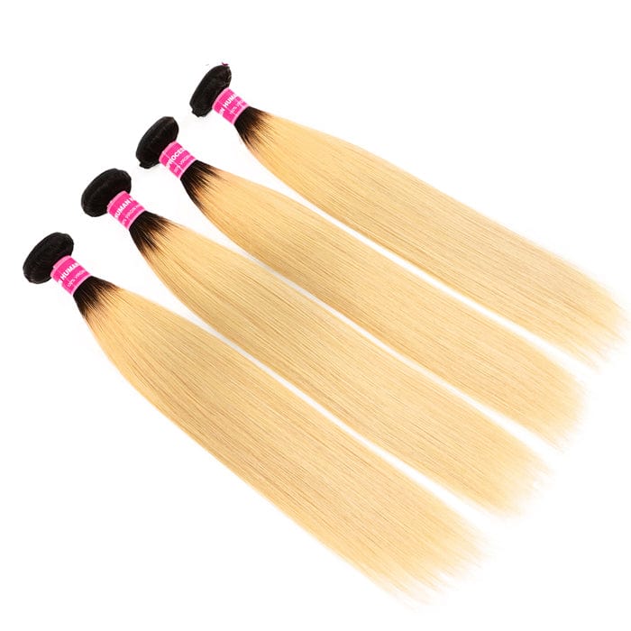 Klaiyi 1B/613 Straight Ombre Hair 3 Bundles Deals Dark Root 2 Tone Color Human Hair Weave Extensions