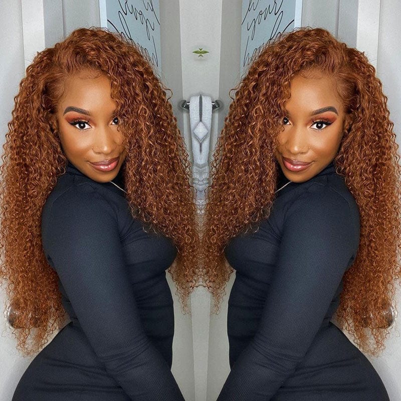 Klaiyi Jerry Curly Ginger Brown Colored Lace Front Wigs High Quality Human Hair