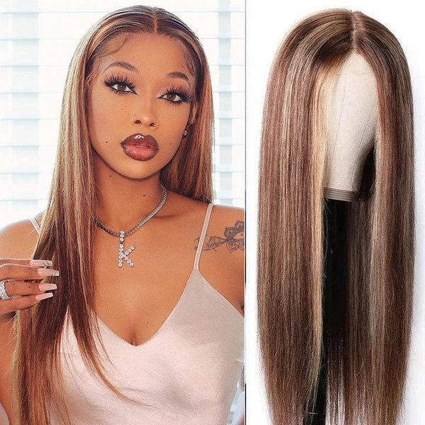 Flash Sale For Honey Blonde Highlight Straight Hair Lace Part Wigs 150% Density