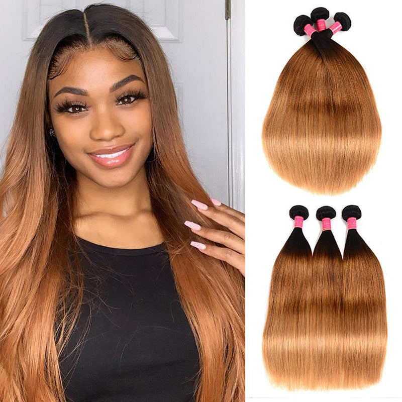 Klaiyi Ombre Human Hair Weave Bone Straight 3 or 4 Bundles Deals #1B/4/27 Color