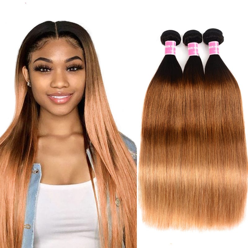 Klaiyi Ombre Human Hair Weave Bone Straight 3 or 4 Bundles Deals #1B/4/27 Color