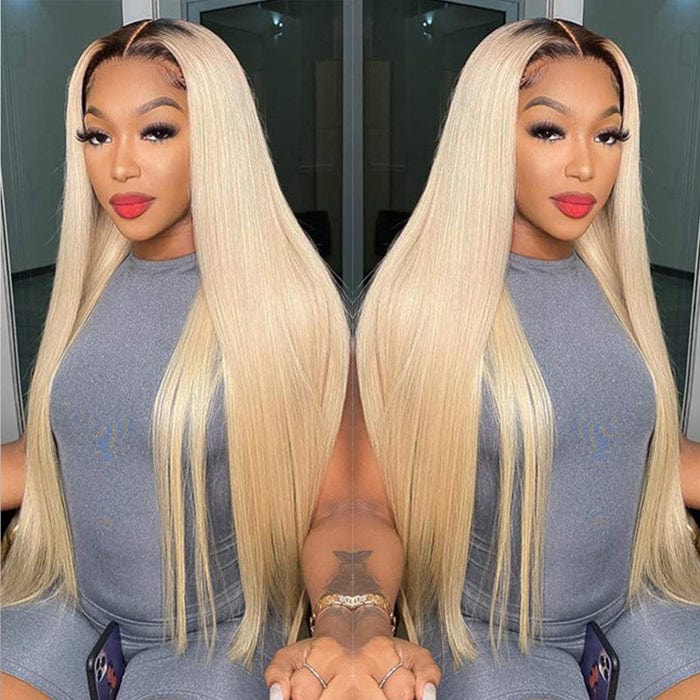 Klaiyi 1B/613 Straight Ombre Hair 3 Bundles Deals Dark Root 2 Tone Color Human Hair Weave Extensions