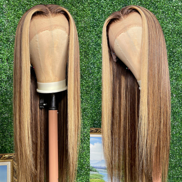 Klaiyi Face Framing Highlights Lace Frontal Wig Human Hair Bone Straight Honey Blonde Brown Color