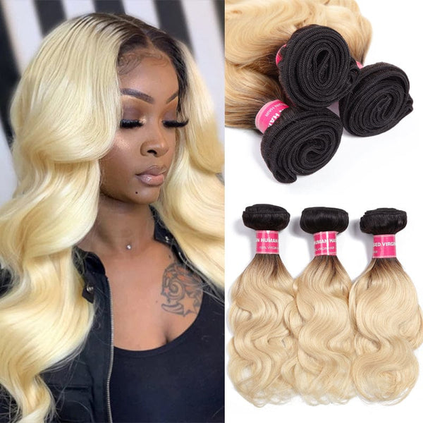 Klaiyi 1B/613 Body Wave Ombre Hair 3 Bundles, 2 Tone Color Human Hair Weave Extensions For Sale