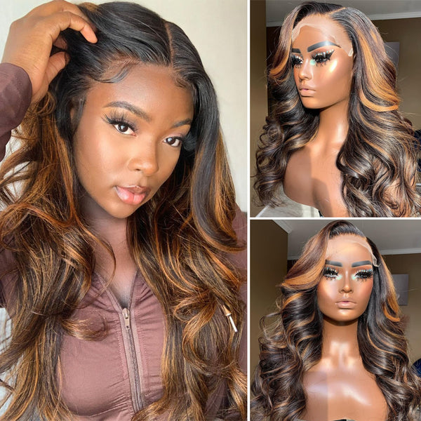 Klaiyi Lace Front Wig Dark Root Brown Balayage Highlight Natural Density Human Hair Wigs