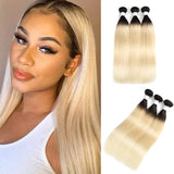 Klaiyi 1B/613 Straight Ombre Hair 3 Bundles Deals Dark Root 2 Tone Color Human Hair Weave Extensions