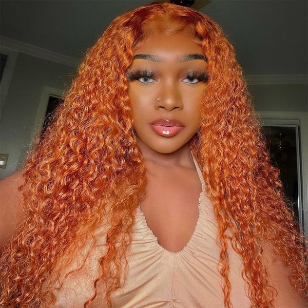 Klaiyi Ginger Color Lace Part Wig Jerry Curly Orange Precolored Human Hair Wigs Natural Density Series