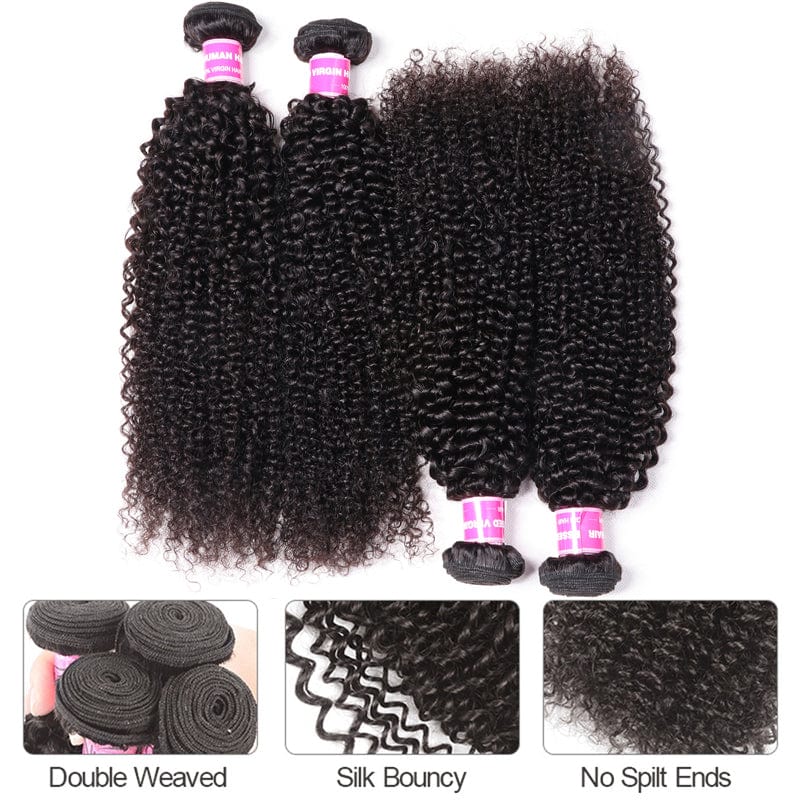 Klaiyi 4Pcs Kinky Curly Human Hair Weaves 8-26 inches Natural Black Color Hair Bundles