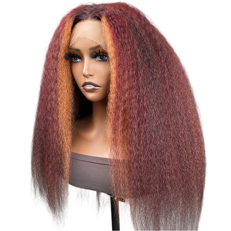 Klaiyi Burgundy Highlight Kinky Straight Wig with Orange Stripes Lace Front Wig