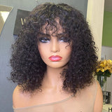 Klaiyi  70% Off Flash Sale Bouncy Curl Wig with Bangs Glueless Affordable Short Human Hair Wigs For Women
