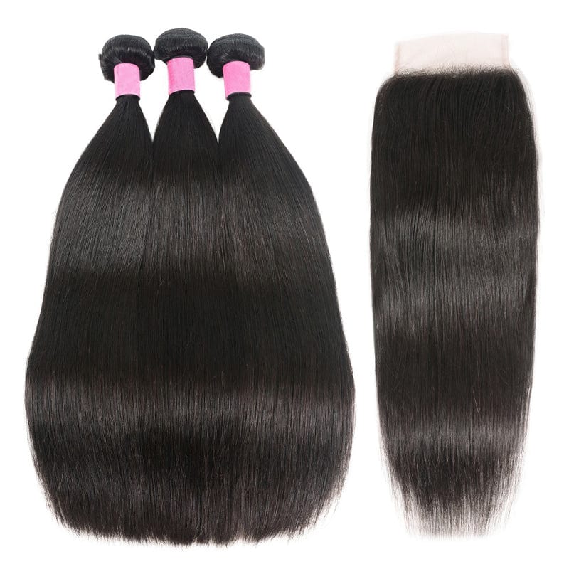 Klaiyi 8A Malaysian Straight Virgin Hair 3 Bundles with 4x4 Lace Closure