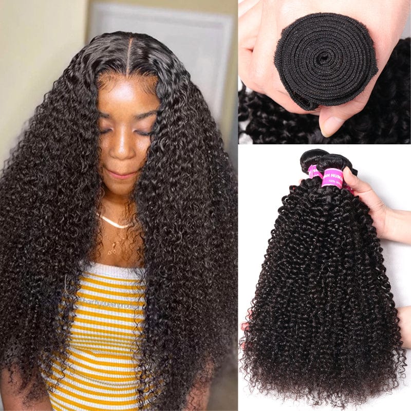 Klaiyi 4Pcs Kinky Curly Human Hair Weaves 8-26 inches Natural Black Color Hair Bundles