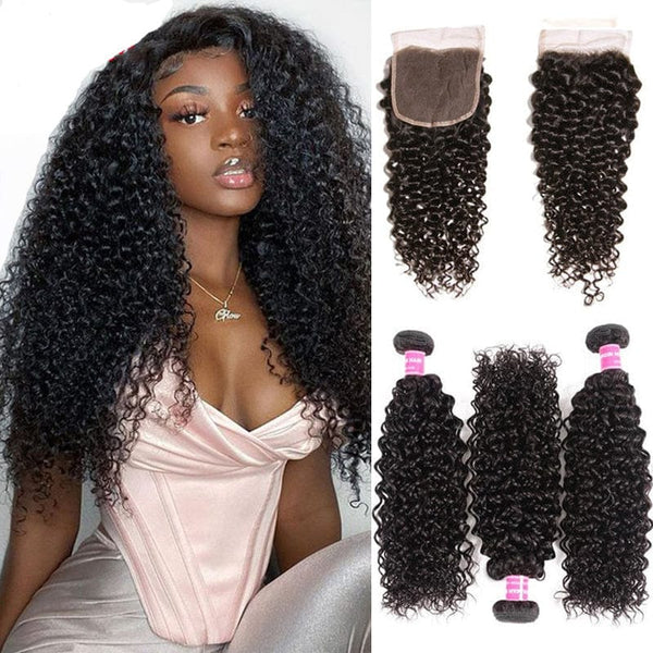 Klaiyi Hair Virgin Curly Hair 3 Bundles with 4*4 Lace Closure 100% Human Hair Weave