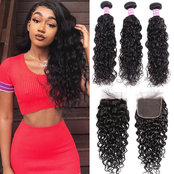 Klaiyi Brazilian Water Wave Human Hair 3 Bundles Deal with 4x4 Swiss Lace Closure
