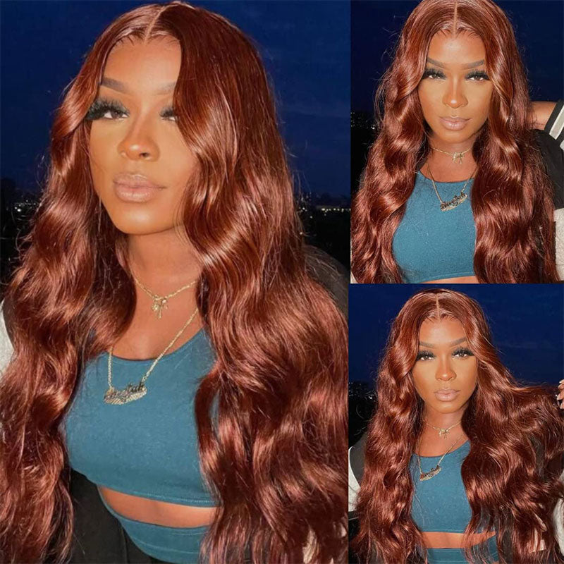 Klaiyi Pre-Cut Lace Wig Put On and Go Wig Brunette Auburn Copper Color Lace Wig