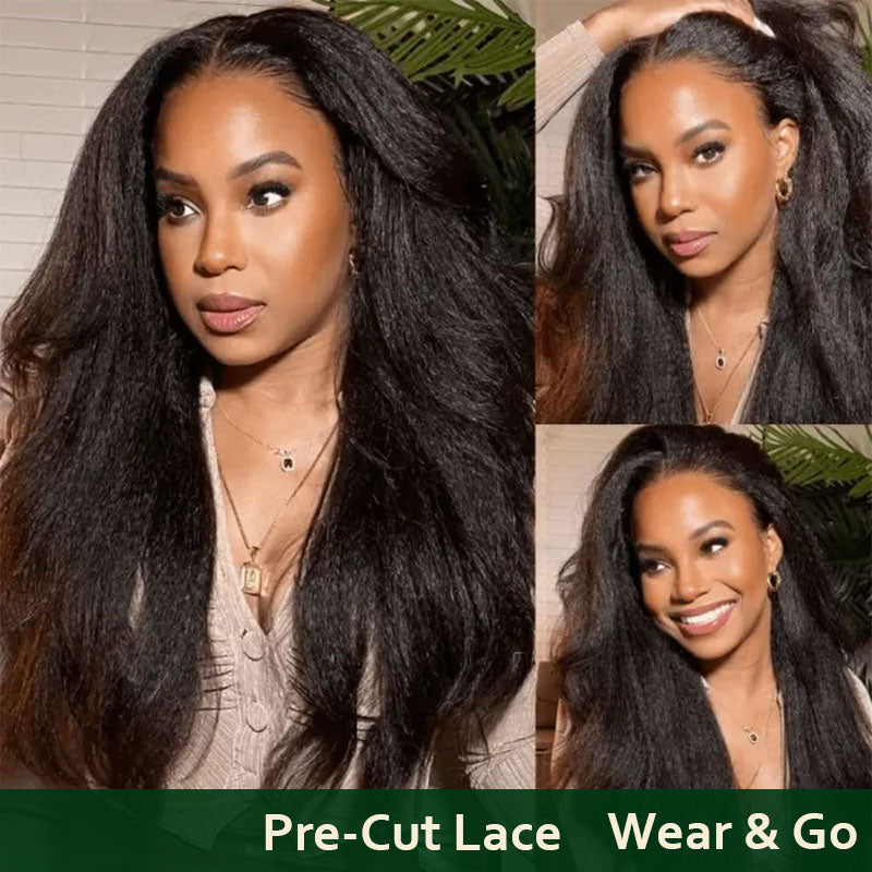 Klaiyi Put On And Go Pre-Cut Lace Wig Kinky Straight Wig with Breathable Cap Beginner Wig Flash Sale