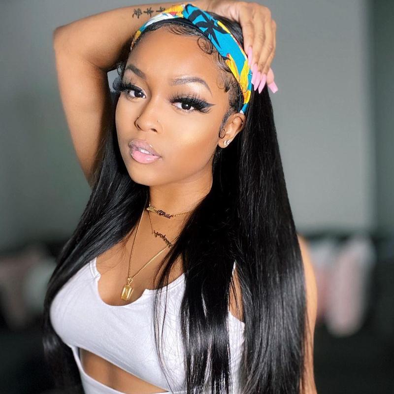 Klaiyi Straight Headband Wig Virgin Human Hair Attached Non Lace Front Wigs for Women