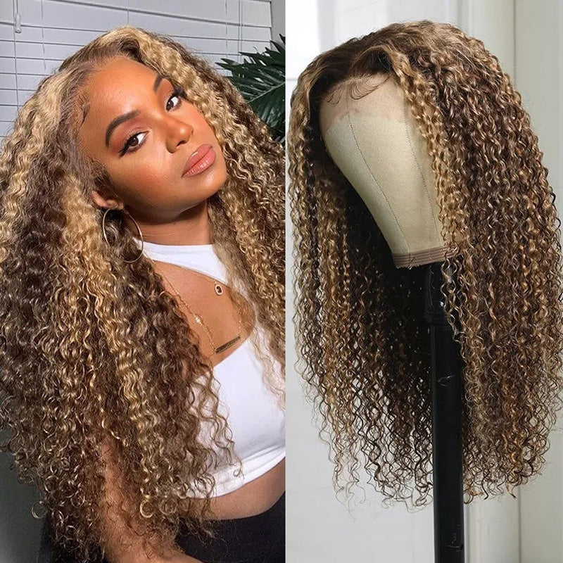 Klaiyi Honey Blonde Highlight Lace Frontal Wig Pre Plucked Jerry Curly Natural Density Human Hair Wigs
