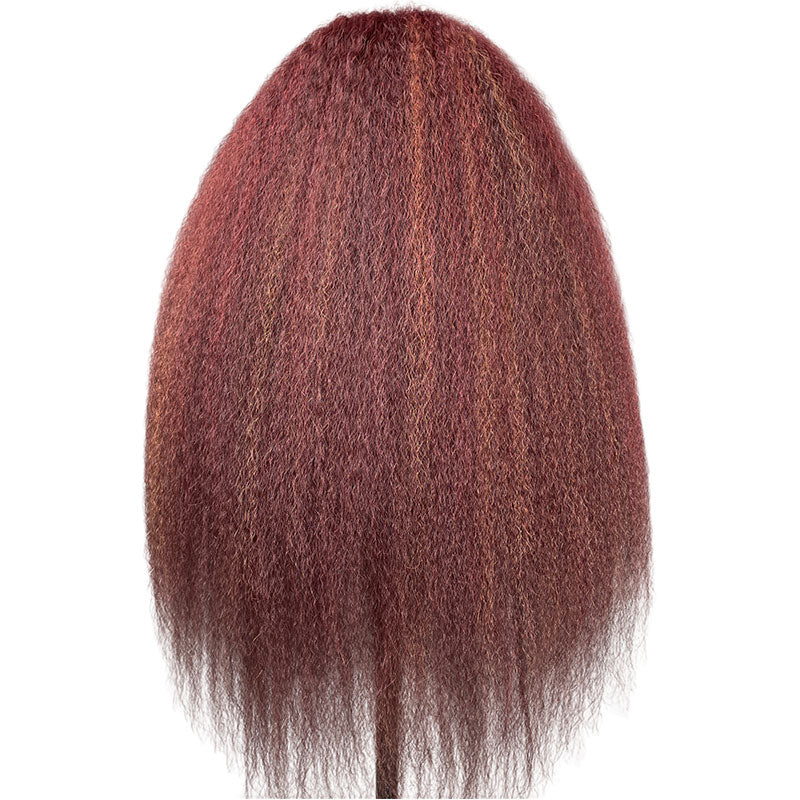 Klaiyi Burgundy Highlight Kinky Straight Wig with Orange Stripes Lace Front Wig