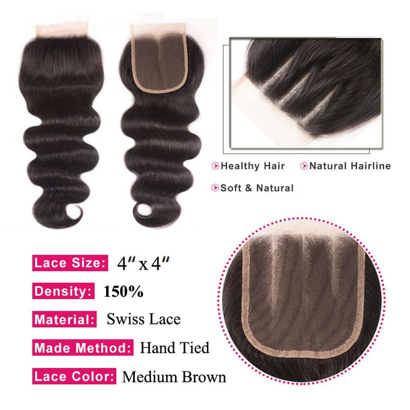 Klaiyi Hair Body Wave Virgin Human Hair 3 Bundles with 4x4 Lace Closure Pre Plucked