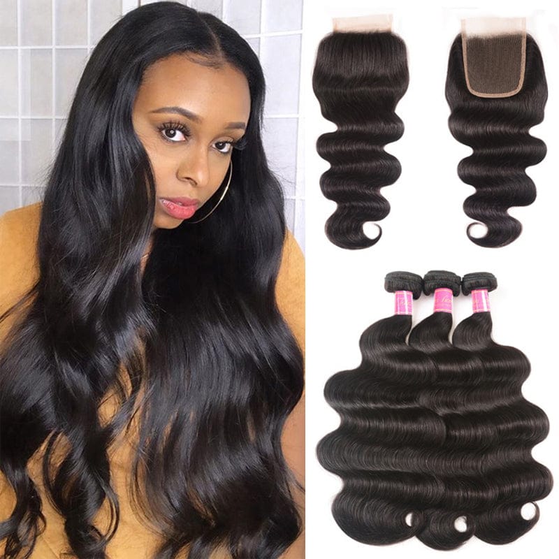 Klaiyi Hair Body Wave Virgin Human Hair 3 Bundles with 4x4 Lace Closure Pre Plucked