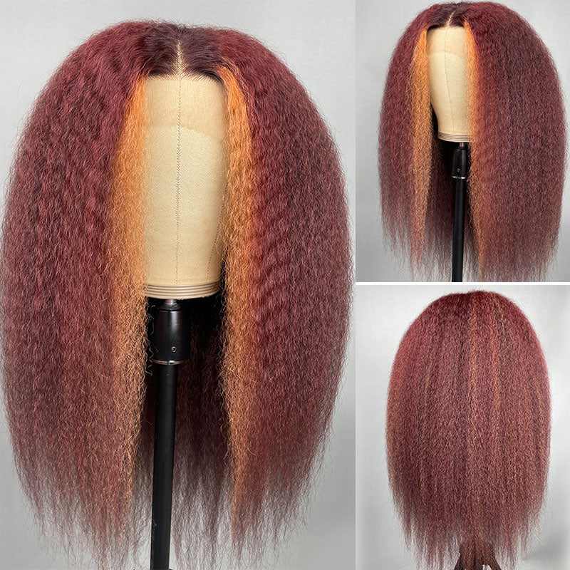 Klaiyi Burgundy Highlight Kinky Straight Wig with Orange Stripes Lace Front Wig