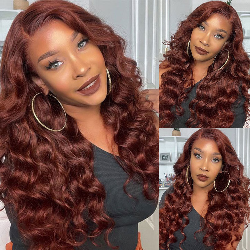 Klaiyi Pre-Cut Lace Wig Put On and Go Wig Brunette Auburn Copper Color Lace Wig