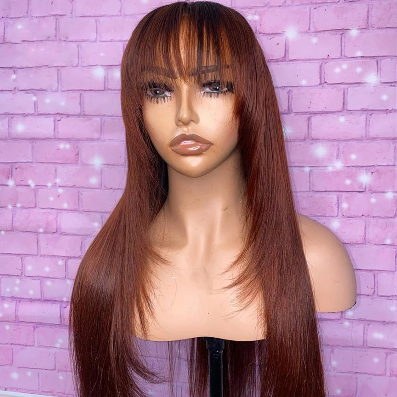 Klaiyi Glueless Wigs Human Hair with Layer Inner Buckle Dark Brown Color Bone Straight Wig with Bangs