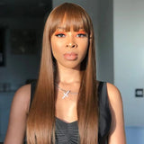 $100 OFF | Code: SAVE100 Klaiyi Glueless Wigs Human Hair with Layer Inner Buckle Dark Brown Color Bone Straight Machine Made Wig with Bangs