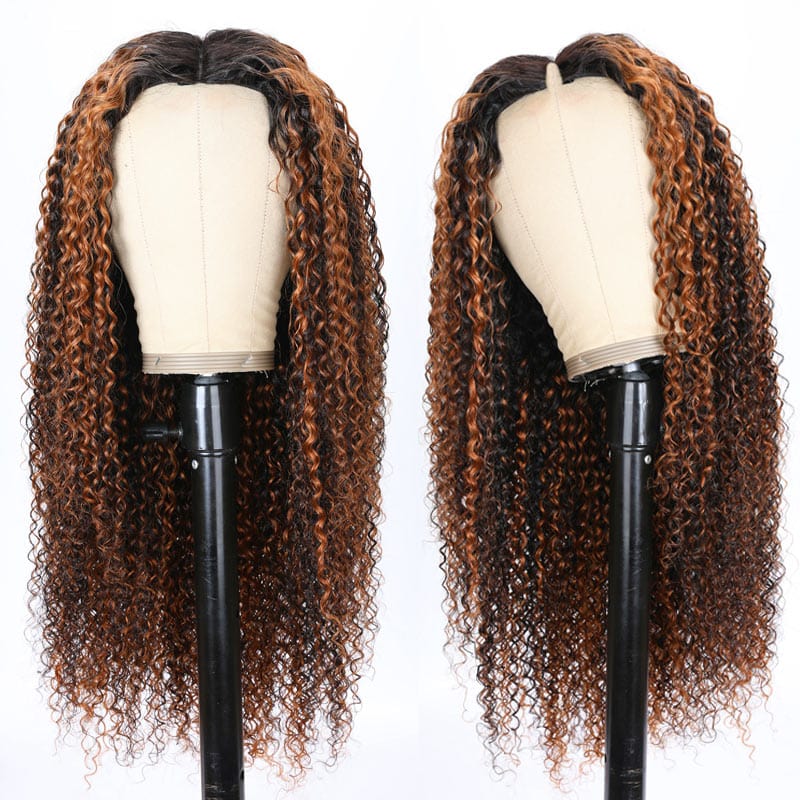 Klaiyi Highlight Balayage Color Curly V Part Wigs Meets Real Scalp Beginner Friendly Trendy Wig