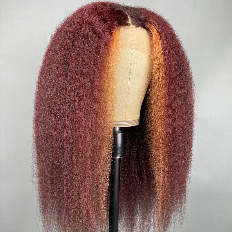 Klaiyi Burgundy Highlight Kinky Straight Wig with Orange Stripes Lace Front Wig