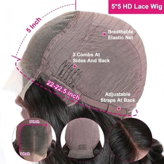 Klaiyi 5x5 Invisible HD Lace Closure Wigs 180% Density Virgin Hair Body Wave Wigs Melted Match All Skin