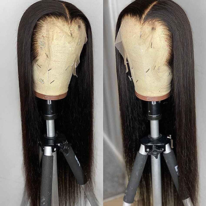 Klaiyi 13x6 HD Lace Front Human Hair Wigs 180% Density Straight Glueless Wigs Pre Plucked Natural Hairline