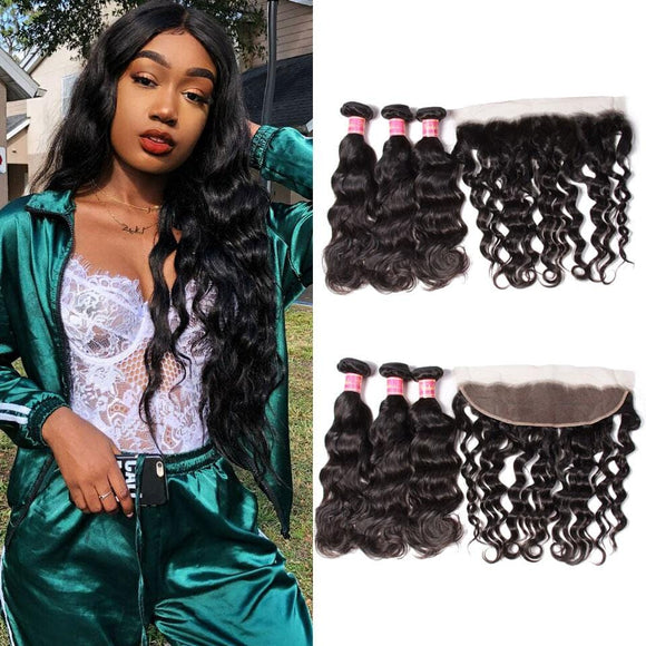 Lot de 3 paquets de cheveux vierges malaisiens ondulés naturels de qualité 8A avec fermeture frontale en dentelle d'oreille à oreille - Klaiyi Hair