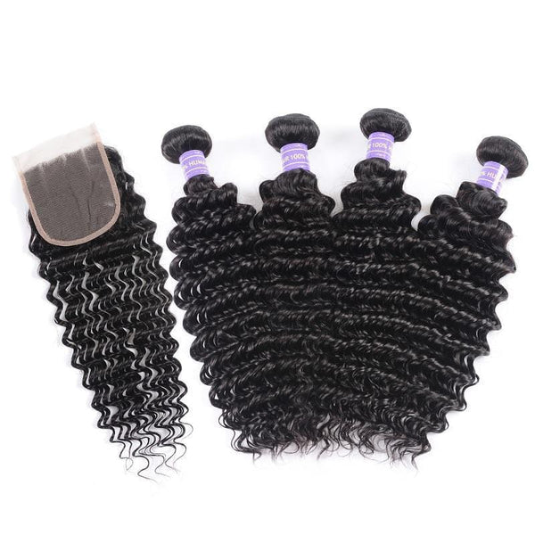 Klaiyi Remy Hair 4 Bundles Natural Black Brazilian Deep Wave Human Hair Bundles With Closure Youth Series