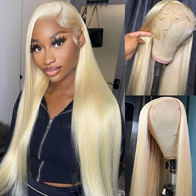 Klaiyi 180% Density 613 Color Bone Straight 13x4 Lace Front Wig Honey Blonde Human Hair