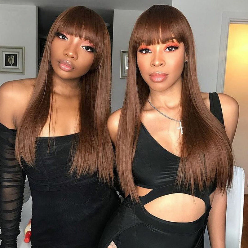 $100 OFF | Code: SAVE100 Klaiyi Glueless Wigs Human Hair with Layer Inner Buckle Dark Brown Color Bone Straight Machine Made Wig with Bangs