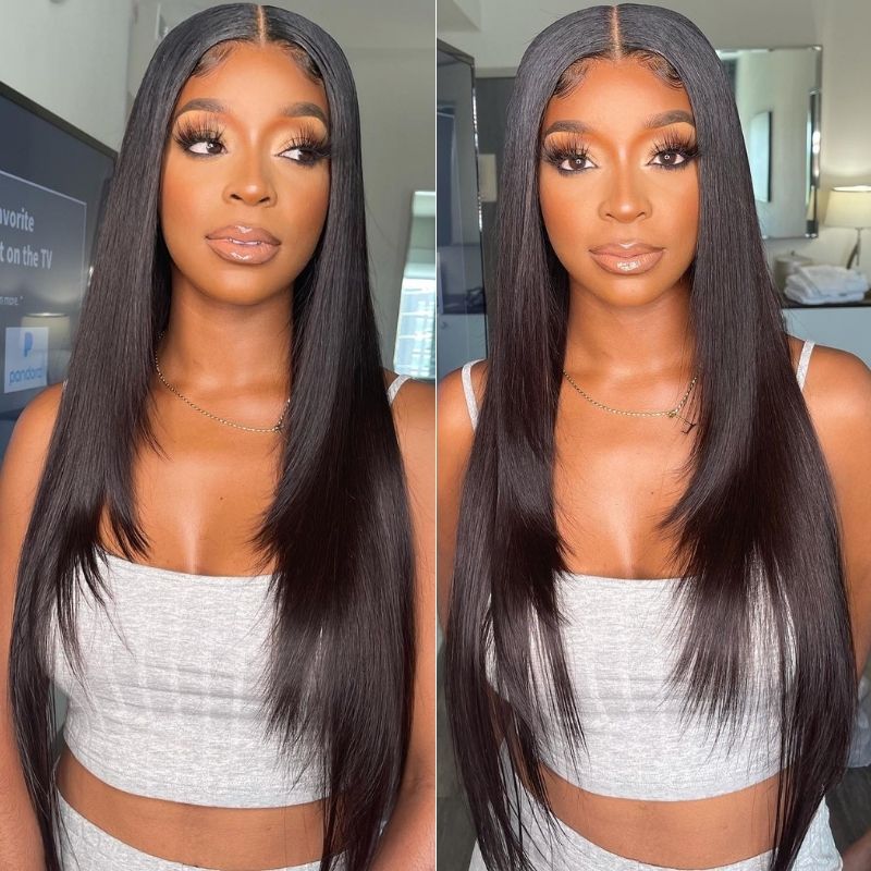 Klaiyi Bone Straight Lace Front Wigs with Layer Inner Buckle Virgin Human Hair Wigs For Women