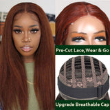 Klaiyi Pre-Cut Lace Wig Wear & Go Reddish Brown Kinky Straight Human Hair Wig with Breathable Cap