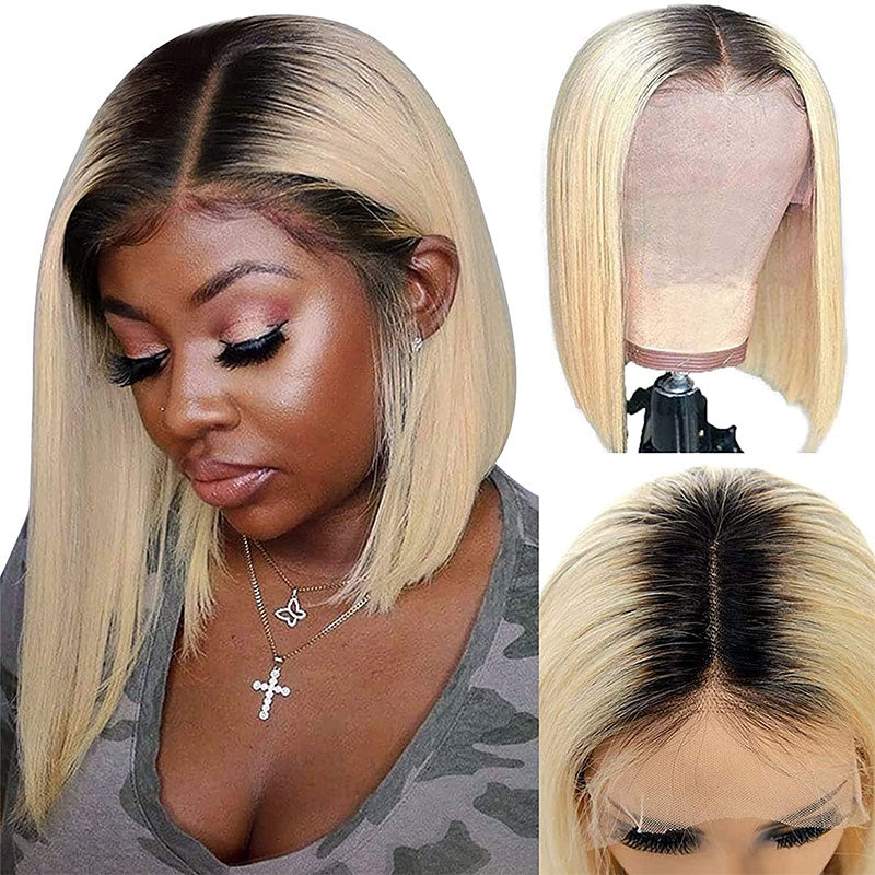 Klaiyi 9A Ombre T1b/613 Straight Hair Lace Front Bob Wigs 150% Density Blunt Cut Dark Roots Human Hair Lace Wigs