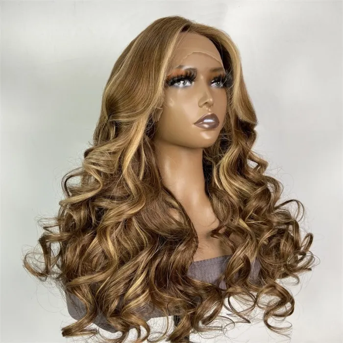 Klaiyi Butterscotch Blonde Highlight 13x4 Lace Frontal Loose Body Wave Virgin Human Hair