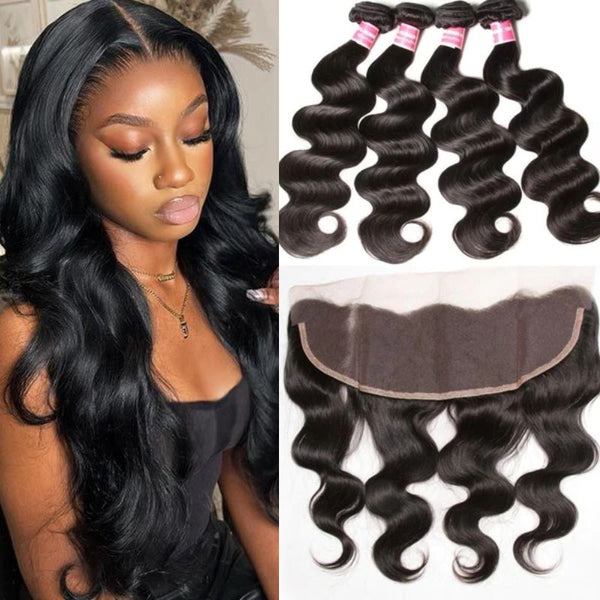 Klaiyi Malaysian Body Wave Virgin Hair 4 Bundles with Frontal Closure Natural Color